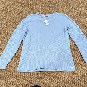 LOFT Pale Blue Crewneck Sweater with Cable Trim